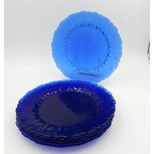 Avon Royal Sapphire Arcoroc France Cobalt Blue Petal Dinner Plates S/6 10.5 Inch
